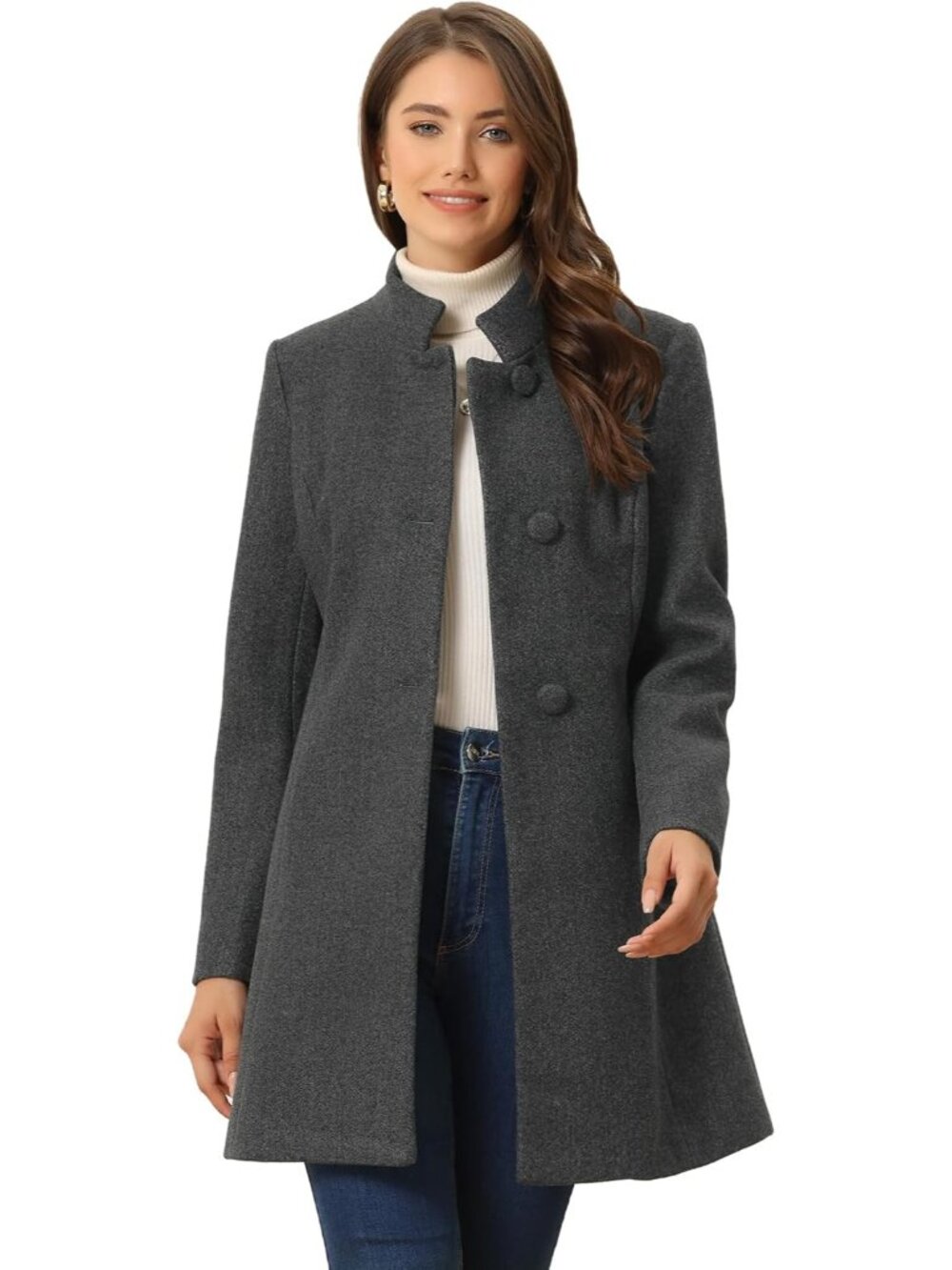 Women's Grey Stand Collar Mid-long Single Breasted Loose Fit Winter Trench Coat